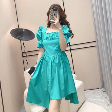 赫本風chic時尚不規則A字裙方領泡泡袖高腰顯瘦韓版連衣裙女夏季