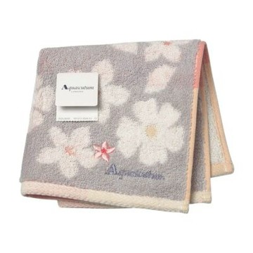 Aquascutum 經典品牌刺繡字母LOGO 灰底櫻花蝴蝶圖騰小方巾(25.5CM)