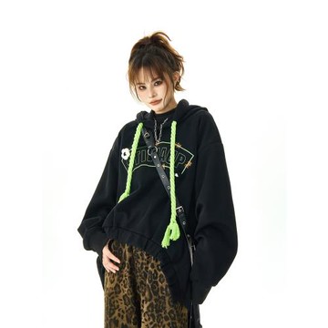 達蒙島美式復古不規則下擺花卉字母刺繡連帽衛衣男女寬松春季帽衫