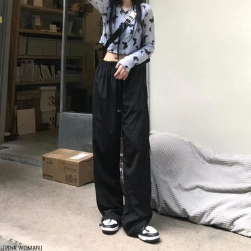 酷拽女孩 軍綠色慵懶風寬鬆闊腿束腳褲工裝褲vibe風鬆緊腰
