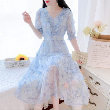 雪紡僊女長裙子夏季新款法式v領度假風碎花顯瘦氣質短袖洋裝女