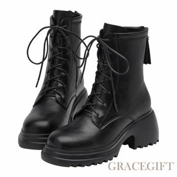 【Grace Gift】韓團必備圓頭輕量厚底綁帶短靴 黑