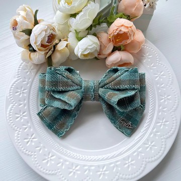 特大微刷毛花邊格紋立體蝴蝶結彈夾髮夾-綠色