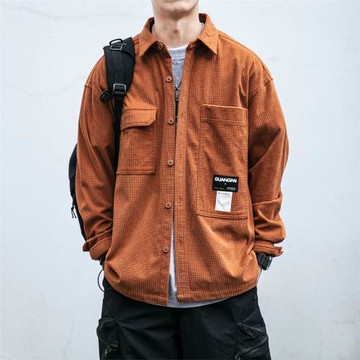 華夫格重磅質感襯衣男日系復古潮牌工裝襯衫長袖春秋寬松休閑外套