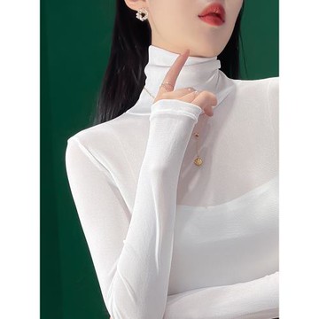 高領網紗打底衫女秋冬透明性感內搭紗衣白色純欲小衫薄款蕾絲上衣