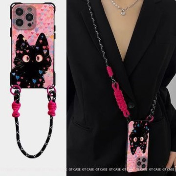 粉紅愛心貓 四角開孔掛繩 iPhone 17 16E 15 14plus 13 12 11 ProMax 手機殼 防摔殼