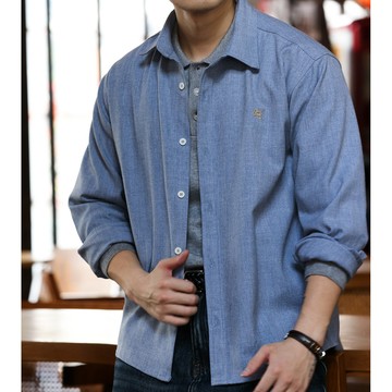 Wuluwear 美式休閒仿麻繡花長袖襯衫男老錢通勤抗皺疊穿襯衫外套