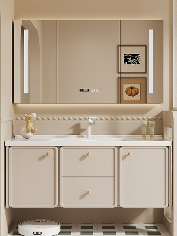 奶油風法式浴室柜組合陶瓷一體盆洗手臉盆柜衛生間洗漱臺現代簡約/洗手盆/洗臉盆/洗漱盆/陶瓷盆/浴室盆/鏡櫃洗手盆一體式