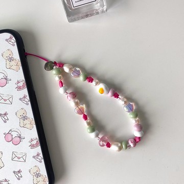 女士粉紅串珠手機帶，手工串珠手機吊飾