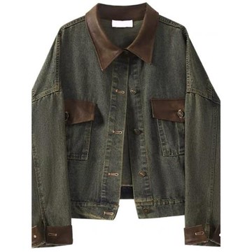 工廠速發pu皮拼接牛仔外套女小個子2024春秋甜酷辣妹撞色夾克上衣