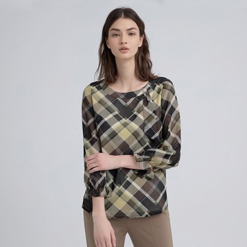 ILEY伊蕾 都會格紋造型雪紡上衣(深咖；M-2L)