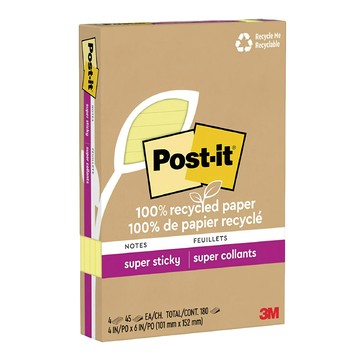 3M Post-it 利貼 狠黏100%環保再生紙 4 x 6橫格便條紙  黃色  1入  4本