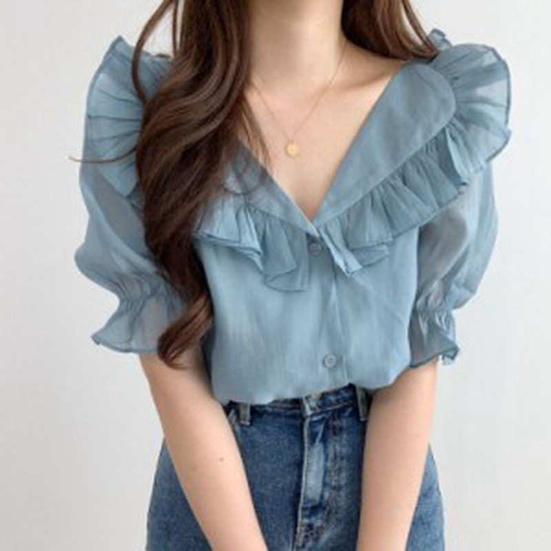 2color Vネックボリューム袖フリルブラウス シャツ ブラウス 白シャツ 半袖 5分袖 パフスリーブ Vネック シフォン フリル 通販 Lineポイント最大1 0 Get Lineショッピング