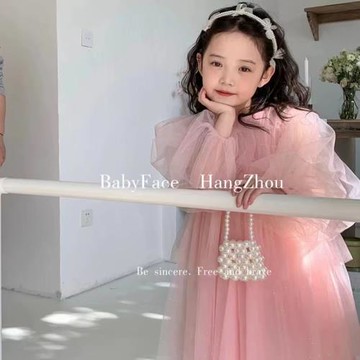 韓版公主裙2025春夏款女童時髦紗紗裙泡泡袖連衣裙公主裙仙女紗裙