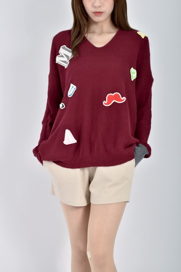 (2XL) maru a針織字母貼布紅色毛衣