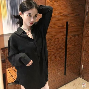 🎈流行女裝🎈夏季長袖冰絲襯衫港風復古襯衫女韓版寬鬆黑色百搭慵懶襯衣女潮