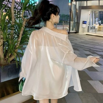 台灣出貨 超仙~冰絲防曬衣女款夏季新款外搭寬鬆長袖開衫外套雪紡襯衫 大尺碼襯衫 襯衣 薄款外套 襯衫外套 防曬衫