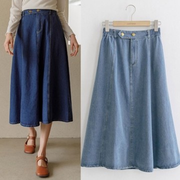 La Belleza韓版素色側邊後鬆緊腰兩釦波浪牛仔裙