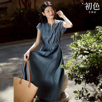初色 日系亞麻風純色氣質收腰V領連肩袖連衣裙連身洋裝長洋裝-共2色-11613(M-2XL可選)
