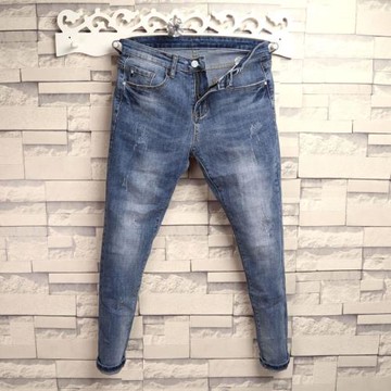 夏裝新款潮男修身小腳淺色貓爪牛仔九分褲簡約百搭9分褲社會小伙K