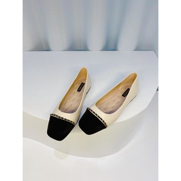 法式平底單鞋女2025年春季新款拼色小香風鏈條方頭淺口軟底女瓢鞋