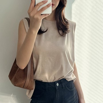 日本 GRL - 輕盈俐落感素色無袖上衣-卡其 (F)