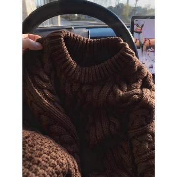 加厚版！慵懶風咖色麻花紋毛衣女冬季新款韓版寬松套頭針織衫上衣