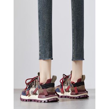 真皮拼色爆款運動老爹鞋女潮2025春秋新款軟底輕便百搭華夫阿甘鞋