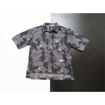 日本流行街頭潮牌合作款廓型寬松落肩款迷彩短袖襯衣軍事風襯衫