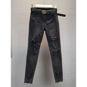 黑色牛仔褲2025年秋季新款彈力修身顯瘦歐貨假破洞燙鉆九分小腳褲