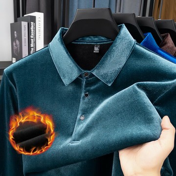 冬季金絲絨加絨polo衫男士純色加厚打底衫體恤高品質上衣商務休閑鑫弘-衣錦男裝