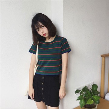 條紋打底衫女早春新款短袖t恤女圓領緊身彈力休閑露臍上衣潮1入