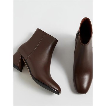 韓版2025新款真皮粗跟短靴女方跟單靴中跟踝靴短筒側拉鏈棕色靴子