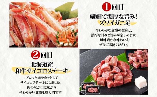 ■定期便■ 1585. 海鮮＆肉 頒布会 全4回 黒毛和牛 ズワイガニ足 1kg サイコロステーキ 400g 鱒いくら醤油漬け 100g×2個  スライス 500g 蟹 かに カニ 肉 お肉 牛 和牛 定期便 送料無料 60000円 北海道 弟子屈町