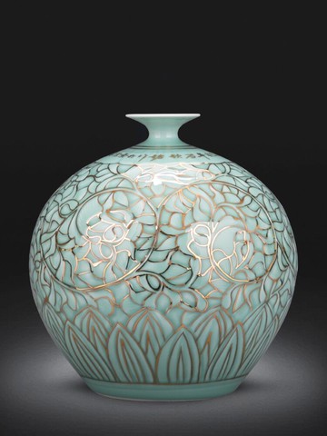 景德鎮陶瓷器花瓶大師手繪浮雕影青描金石榴瓶客廳裝飾辦公室擺件