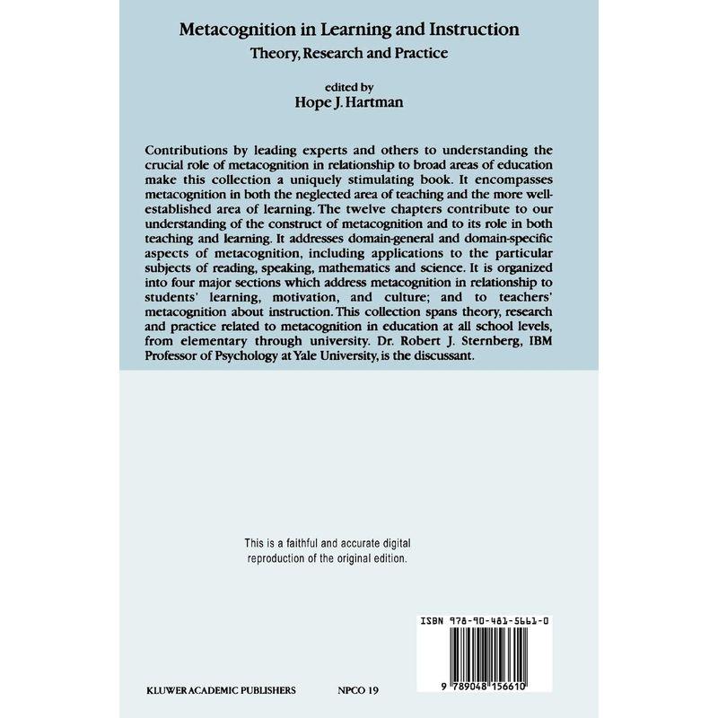 Metacognition in Learning and Instruction: Theory, Research And Practi