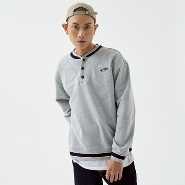 【ERSS】男裝 長袖上衣 長袖 上衣 撞色拼接 大學T 長袖衛衣 開襟 百搭 街頭風 銀灰【K60350】