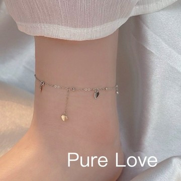 Pure Love樂芙 / 正韓 銀飾【S925純銀】B0782簡約通體純銀腳鍊小圓珠愛心流蘇腳鏈 / 銀