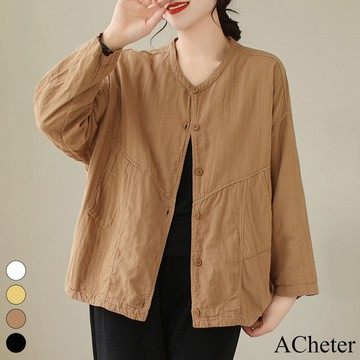 【ACheter】雙層棉紗圓領外套文藝百搭寬鬆休閒純色長袖短版# 119370 (現貨+預購)