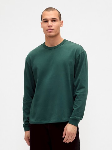 男裝 圓領長袖T恤-墨綠色