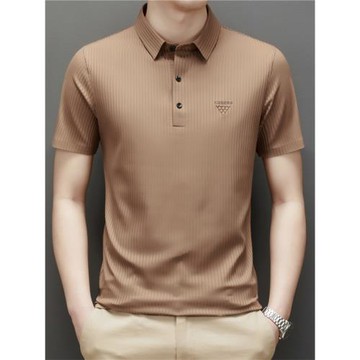 夏季冰絲短袖t恤男翻領豎條紋半袖寬松中年polo衫男裝無痕體恤衫