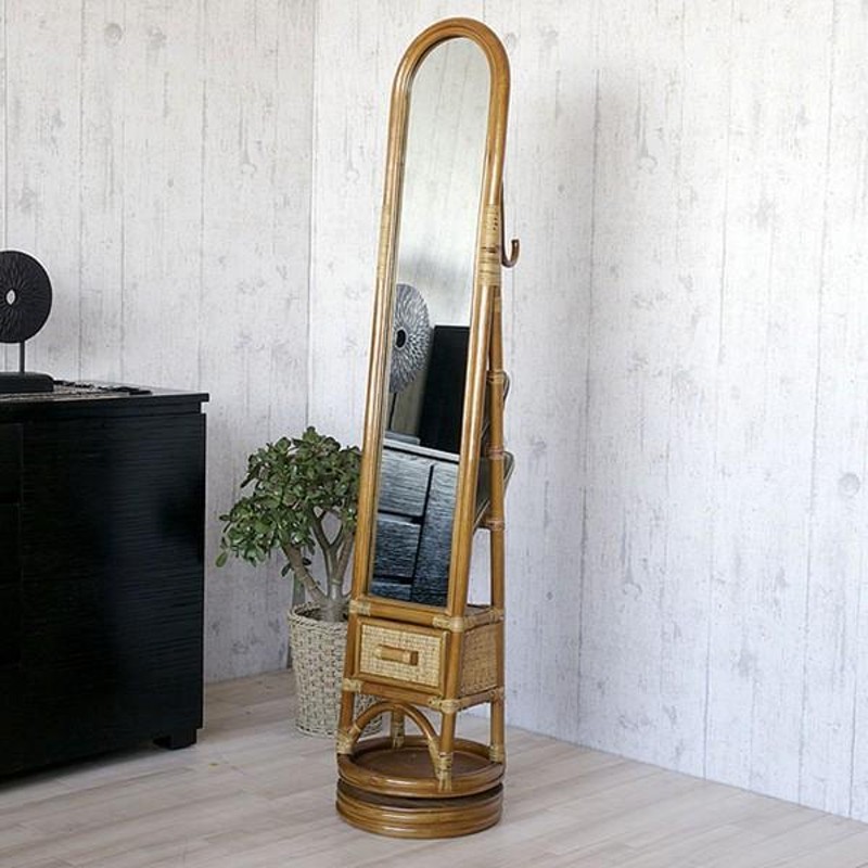 籐家具꧂ラタン収納付スタンドミラー 全身鏡 姿見 昭和レトロ アジアン
