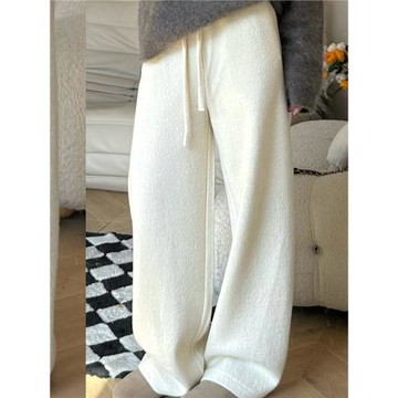 24小時發貨】高級松緊腰米白色加絨高腰休閑褲秋冬寬松抽繩拖地褲