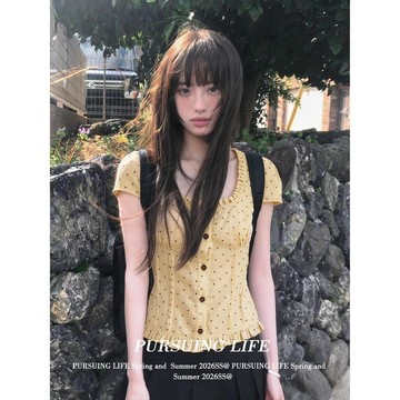 爆款網美同款💅韓系U領波點短袖襯衫女夏季新款木耳邊涼感短款襯衣修身顯瘦上衣HQD1
