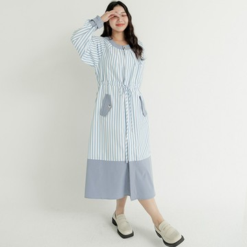 【PolyLulu】 清新波妞圓領直條紋綁帶長袖洋裝 中大尺碼洋裝