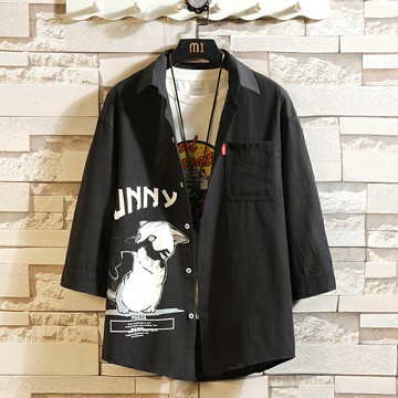 黑色貓咪短袖男七分袖襯衫春夏季寬松大碼百搭防曬襯衣外套高級感