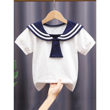 優選海魂衫水手服女童短袖T恤蕾絲衫領帶純棉上衣體恤打底衫夏裝