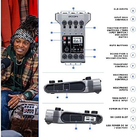 Zoom PodTrak P4 Portable Multitrack Podcast Recorder   64GB SDXC Memory Card   2x Dynamic Cardioid Handheld Mic   2x Stereo Headphones   2x Foam Winds