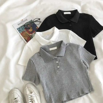 【T-2】🖤短版露臍T卹女 夏裝 基本百搭三扣POLO領坑條紋短袖上衣