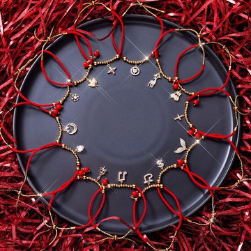 本命年紅繩手鏈ins小眾編織紅色手繩串珠小鹿雪花魚尾可抽拉手鏈